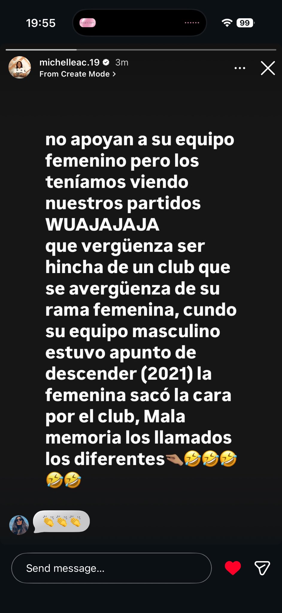 Screenshot of an Instagram story from michelleolivares_ showing a selfie of Michelle Olivares Acevedo smiling with short dark hair and a gray top, next to text in Spanish criticizing fans for supporting the womens team but not the mens team, calling it embarrassing for the club that shames its mens team while the womens team descends in 2021, with emojis of laughing faces and a thinking face, and a like button with 1 reaction.