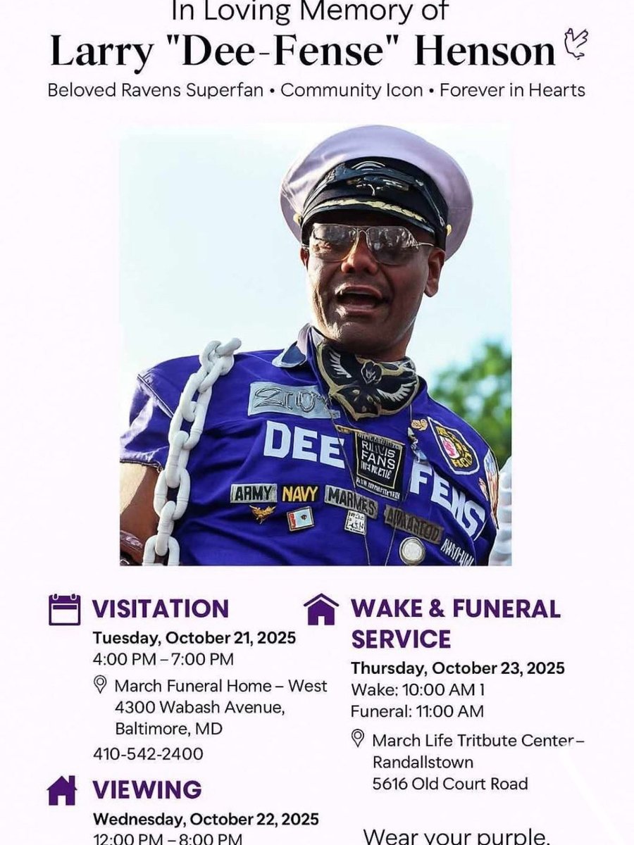 FlockMan88's tweet photo. Hereβs the viewing and funeral arrangements for #CaptainDeefense click the picture to view. #ravensflock #Baltimore #rip ππ½πππ½ https://t.co/W6qe8XMWsa