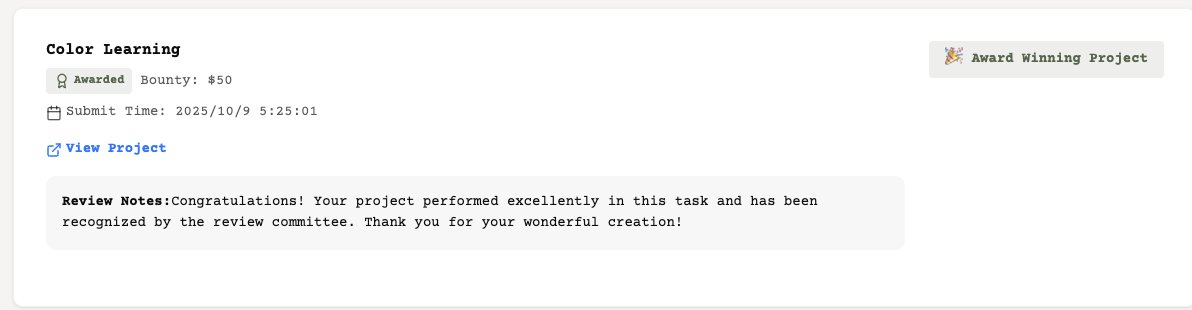 loglogrog's tweet image. 開発した色彩学習ゲーム「Color Learning」が、#YouWare のアワードを受賞しました。

「excellently performed」との評価と共に、賞金$50を授与いただきました。今回の評価を励みに、今後も開発を頑張ります！ 審査員の皆様、ありがとうございました！
#ColorLearning