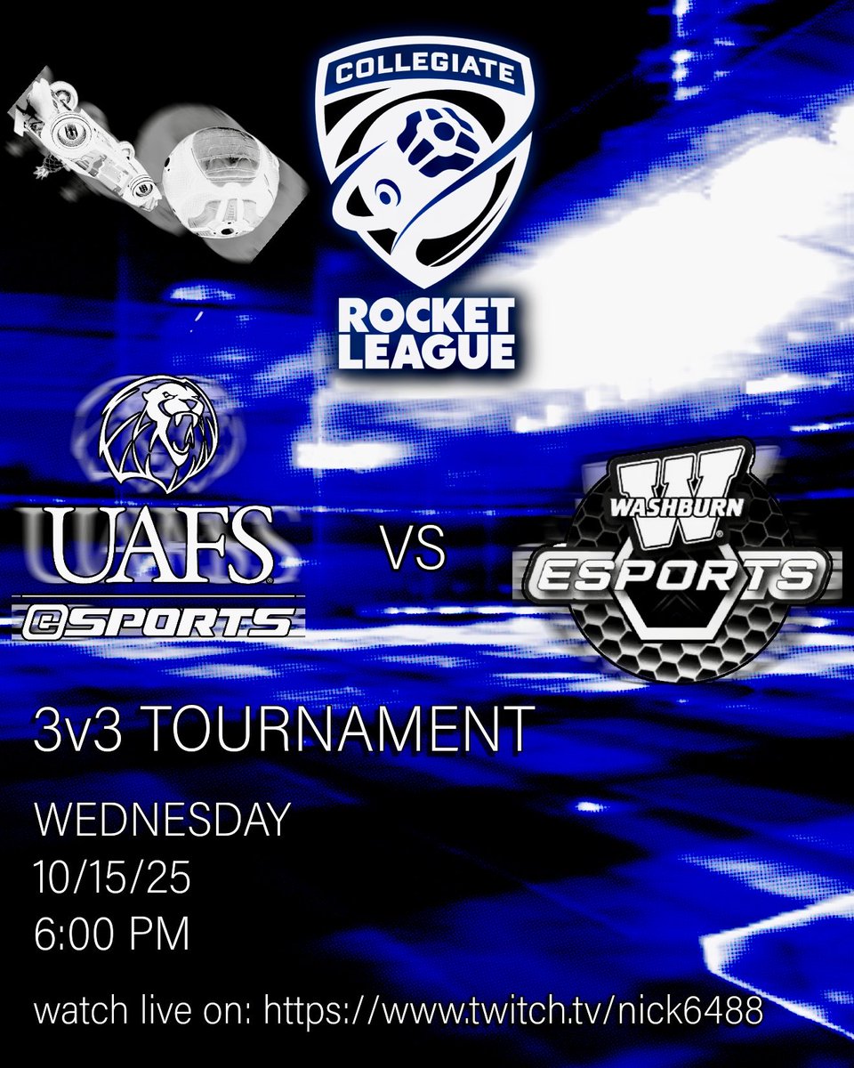 UAFSDLeSports's tweet photo. UAFS eSports takes on Washburn University in a 3v3 Collegiate Rocket League Tournament! Come watch us!!

📅 Wednesday | Oct 15 | 6:00 PM
📺 Watch LIVE on Twitch: https://t.co/rVbSBOVUuQ

Let’s go Lions! 💪🦁⚡
#UAFS #UAFSEsports #RocketLeague #CRL #CollegiateEsports https://t.co/51GAElYDdc