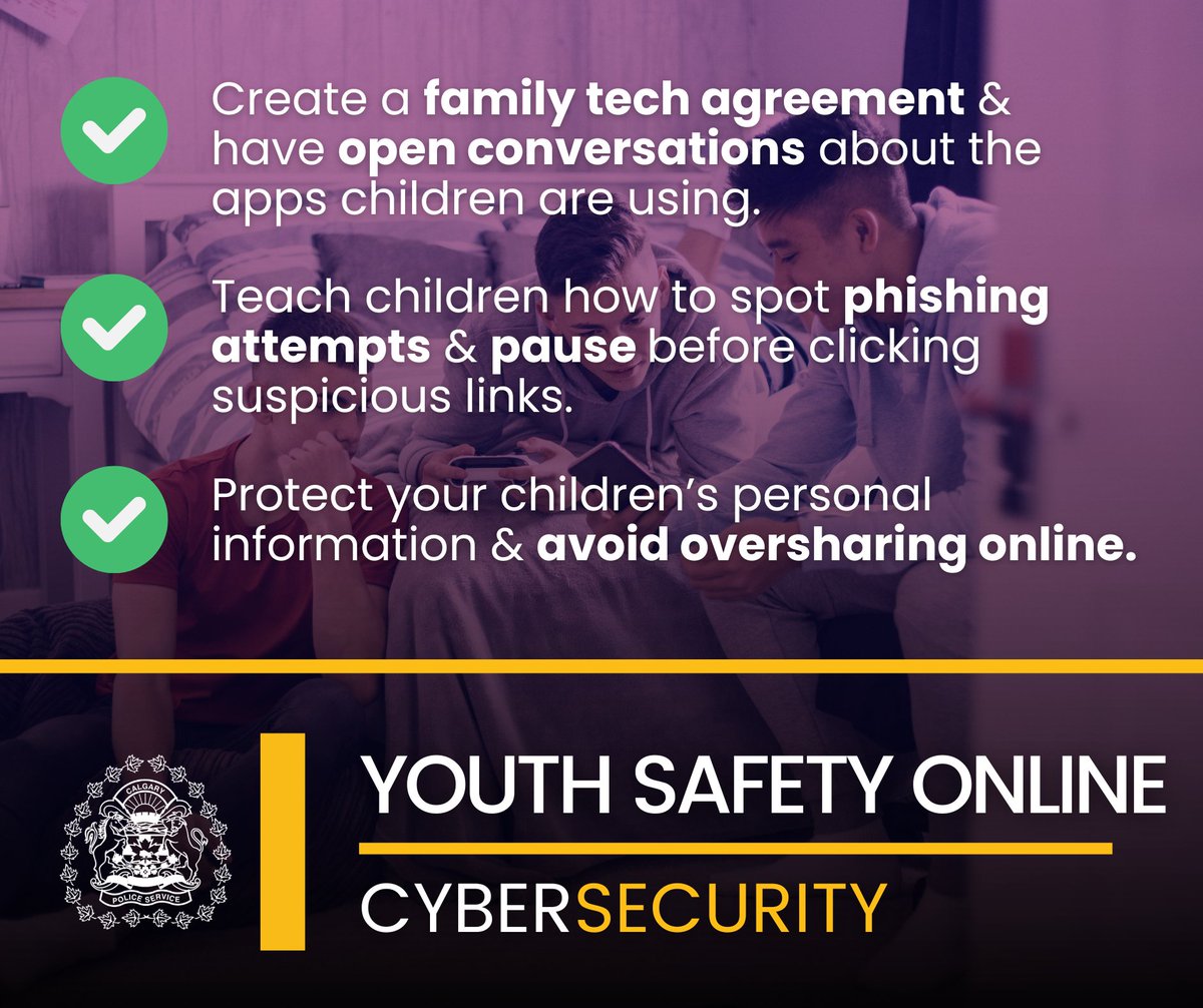 CalgaryPolice's tweet image. 🖥️ October is #CybersecurityAwarenessMonth! From social media to online gaming, children are navigating a complex digital world.

We are reminding parents to help children build safe online habits with these tips:

🔹 Create a family tech agreement &amp;amp; have open conversations about…