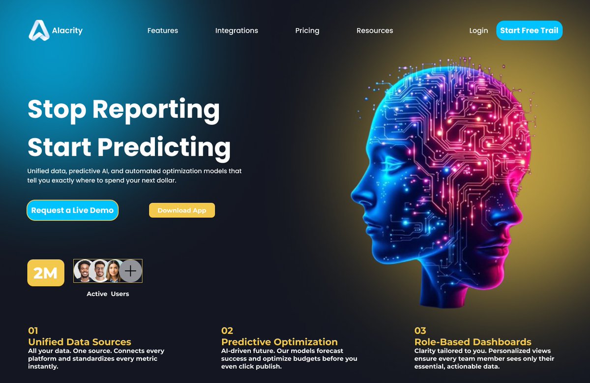 MarcelynRaquel's tweet image. Stop Reporting, Start Predicting. 🧠 Visualizing Predictive AI on the Alacrity hero section. The user flow is built around two key CTAs and a simple 1-2-3 feature list. Design should guide the user, not overwhelm them. 

#UIUX #SaaSDesign #Designship2025  #UIUXDesign