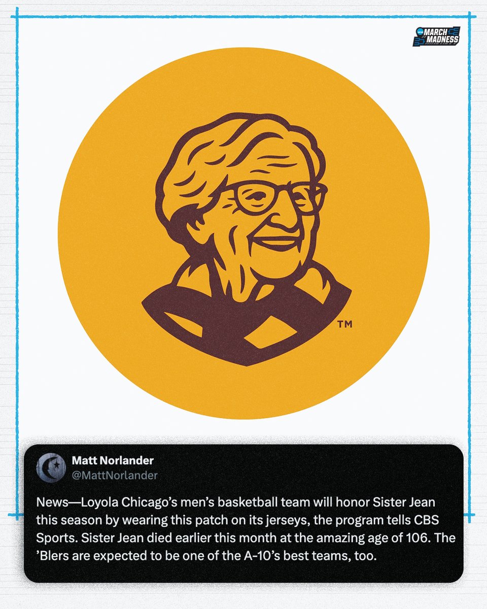 MarchMadnessMBB's tweet image. Loyola Chicago will wear this patch to honor Sister Jean this season ❤️
(via @MattNorlander)