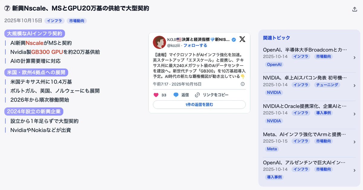 aitimes_jp's tweet image. 最新AIニュースを更新しました
今日はClaude 4.5 HaikuとGoogleのVeo3.1の発表に加え、Microsoft・Metaからインフラ投資の発表がありました
ニュースの詳細はこちらから👇
aitimes.app