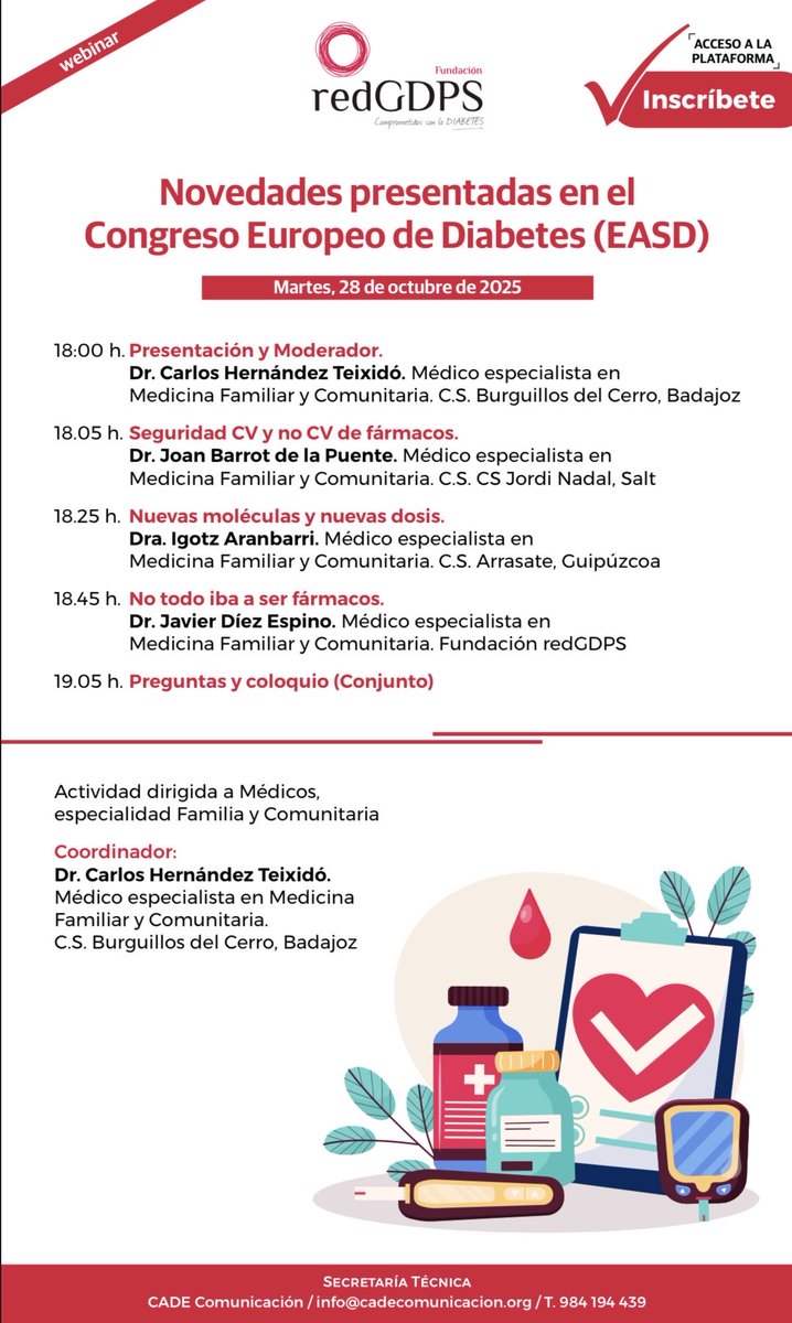 ❗️Te esperamos‼️🗓️ Martes, 28 de octubre de 2025 en nuestro Webinar 

⚠️Novedades presentadas en el Congreso Europeo de Diabetes (EASD)

No te pierdas las últimas actualizaciones en el manejo de la #diabetes compartidas en el #EASD2025
¡Inscríbete ya! 👇🏼

app.bipeek.com/registro-event…