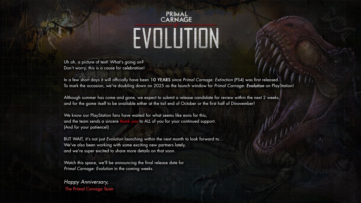 An update from the Primal Carnage team on the eve of Primal Carnage: Extinction's 10th anniversary... 🦖