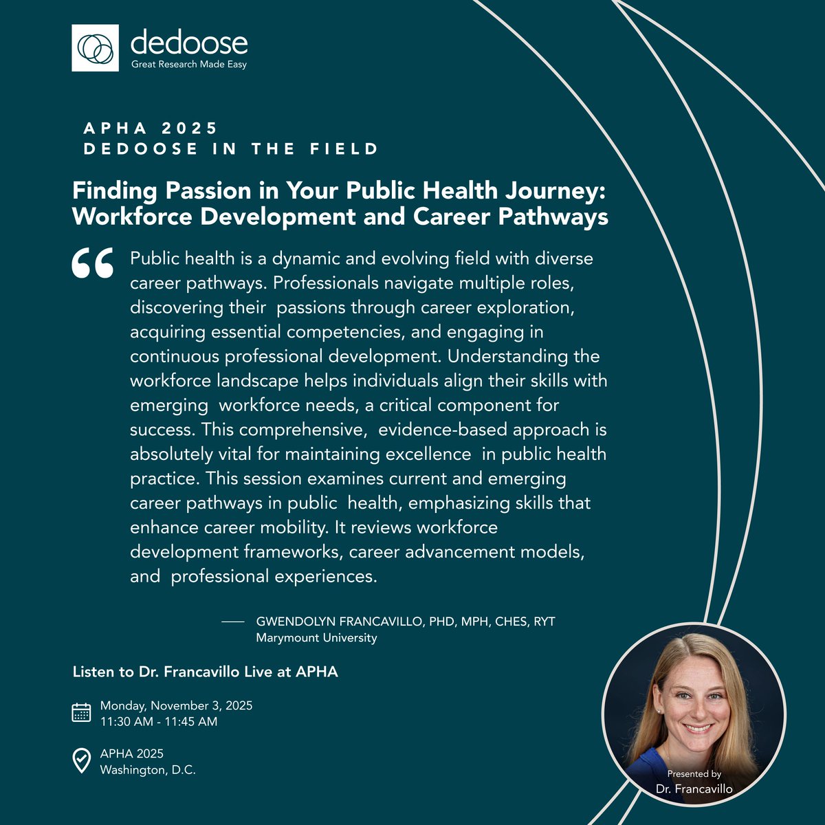 Headed to APHA25?

Attend a session by Dr. Gwendolyn S. R. Francavillo for a comprehensive, evidence-based example of Dedoose in action: dedoose.info/apha25dedoosers

This project examines current and emerging career pathways in public health, emphasizing skills that enhance mobility.