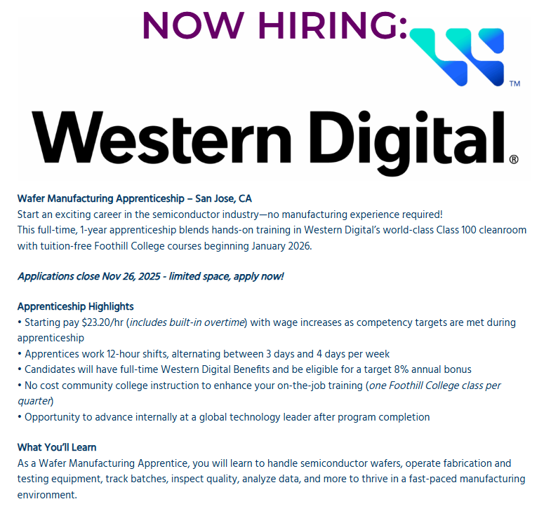 ACWDB's tweet image. 🚀 Launch your career in tech!
Join the Wafer Manufacturing Apprenticeship in San Jose, CA — no experience needed. Earn $23./hr + benefits, and free Foothill College courses starting Jan 2026.
⏳ Apply by 11/26/25
👉 work2future.org/earn-learn-app…
#workforce #SemiconductorJobs #SanJose