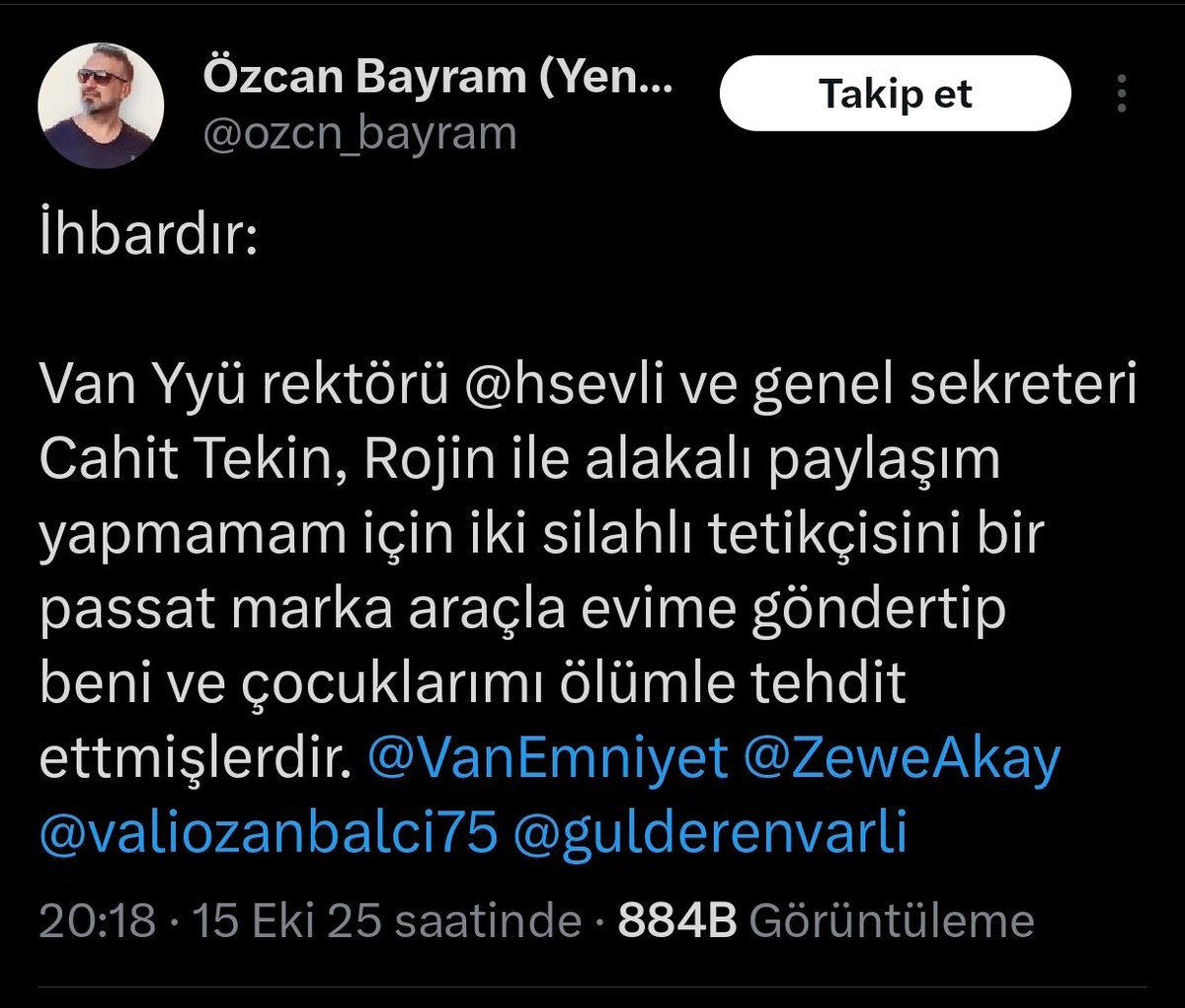 reaktik's tweet photo. 🔴Van Yüzüncü Yıl Üniversitesi Rektörü Hamdullah şevli Rojin Kabaiş ile ilgili paylaşım yapmasına karşılık bir vatandaşın arabasına kurşun bıraktırarak ailesini Ölümle tehdit etti! https://t.co/Cizl8IZA5C