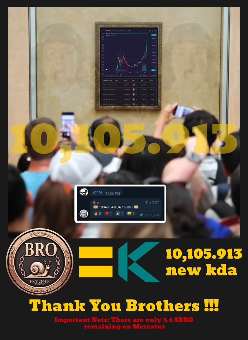 🚨🚨URGENT NEWS

🚨🚨BREAKING NEWS AGAIN

❤️ Beloved $BRO just reached ATH compared with $kda AGAIN:

10,105.913 $BRO / $kda 🔥🔥

$BRO is #promptedBy #Pact #kadena's exceptional programming language.

#saveKadena #theBrothersDao #inBrothersVeritas  #kadena $btc $eth #weLoveMilfs