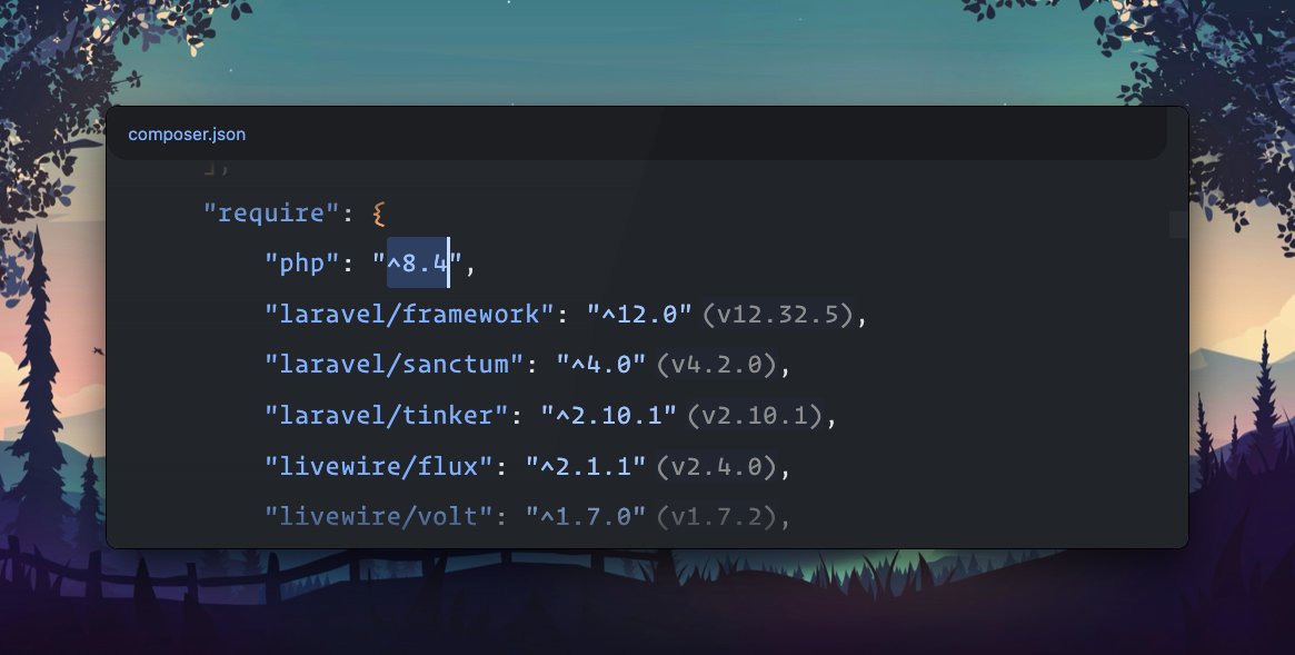 LiamHammett's tweet image. 🔥 Laravel 12&apos;s starter kits support PHP 8.2 or higher, but if you&apos;re using ANY features from a higher version, you should make sure to update your composer.json to a newer version