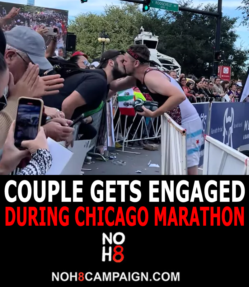 NOH8Campaign's tweet image. “We’re in a little bit of awe that we didn’t just get cheers from random strangers, but now they’ve been sending us videos they took and in the case of one, putting it on TikTok. It’s incredibly special.” Couple gets engaged during Chicago Marathon #LoveWins #NOH8