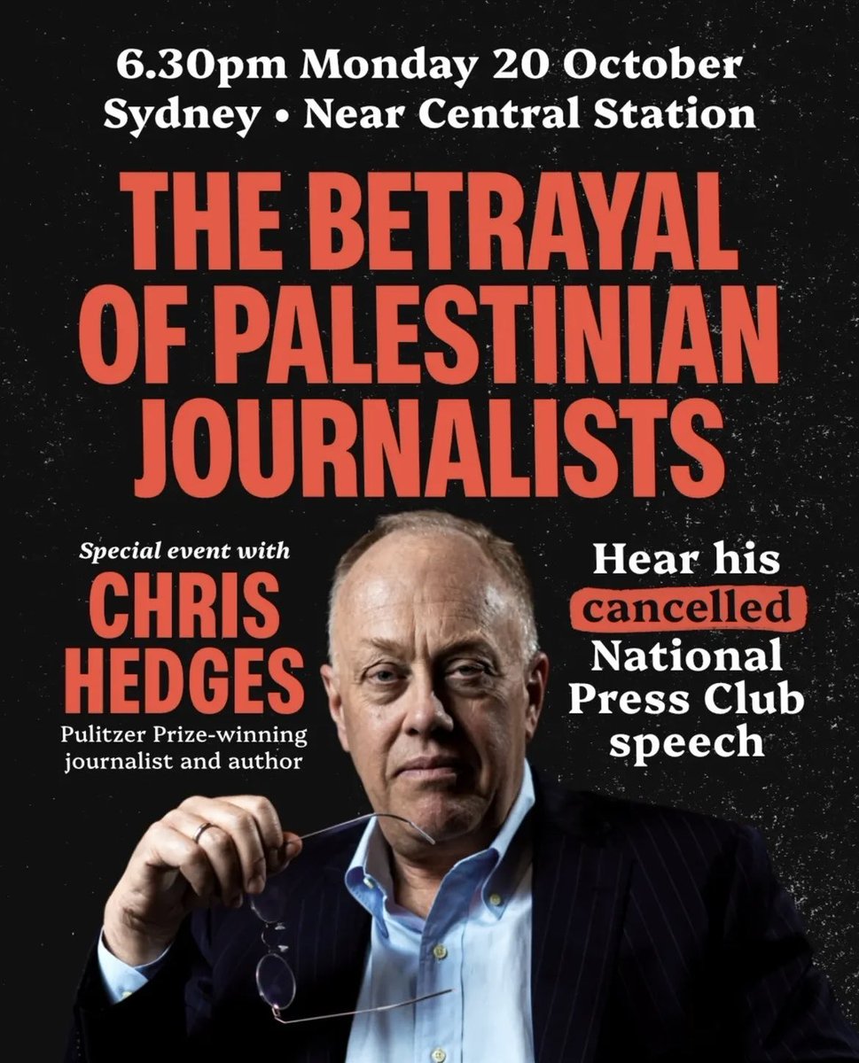 The talk <a href="/ChrisLynnHedges/">Chris Hedges</a> was to give at the Press Club will now take place on Monday in Sydney, free event, here
events.humanitix.com/hedges-palesti…