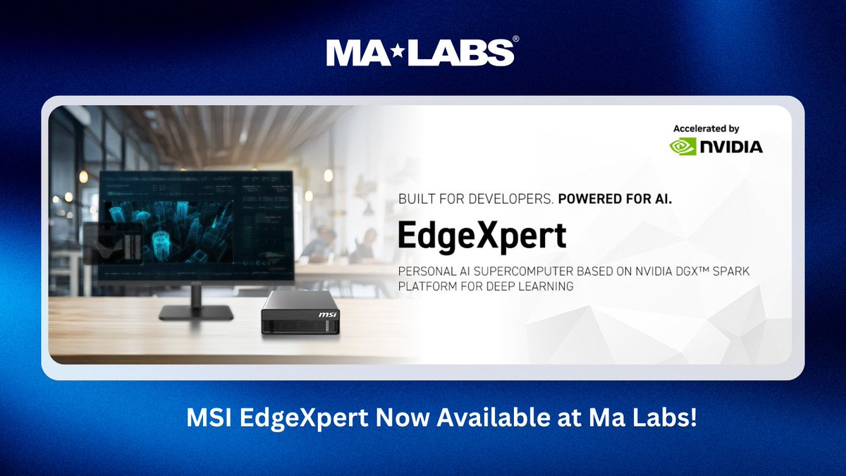 MaLabs_Inc's tweet image. 💥@MSI EdgeXpert is Now Available at #MaLabs! This AI Supercomputer redefines desktop #aicomputing, delivering petaflop-scale performance through the cutting-edge #NVIDIA GB10 Grace Blackwell Superchip—the same powerhouse at the core of NVIDIA #DGXSpark. 🔗malabs.com/products/?itmn…