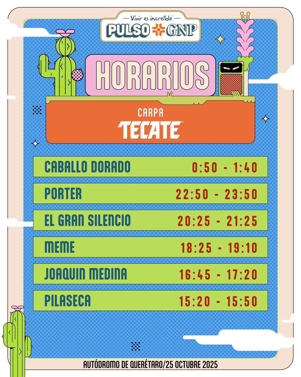 ailoviutl's tweet image. 🚨 HORARIOS OFICIALES 🚨

🧿 Pulso GNP 🧿
🗓️ 25 de Octubre del 2025 🗓️
🏟️ Autódromo de QRO 🏟️
📍 Querétaro 📍 🇲🇽 México 🇲🇽

Adquiere tus accesos aquí: bit.ly/4lMtoYp 👈🏽🔗🎟️

#Pulso #GNP #PulsoGNP #PulsoGNP2025 #PulsoGNP25 #Concert #Concierto #Autódromo #Querétaro #México…