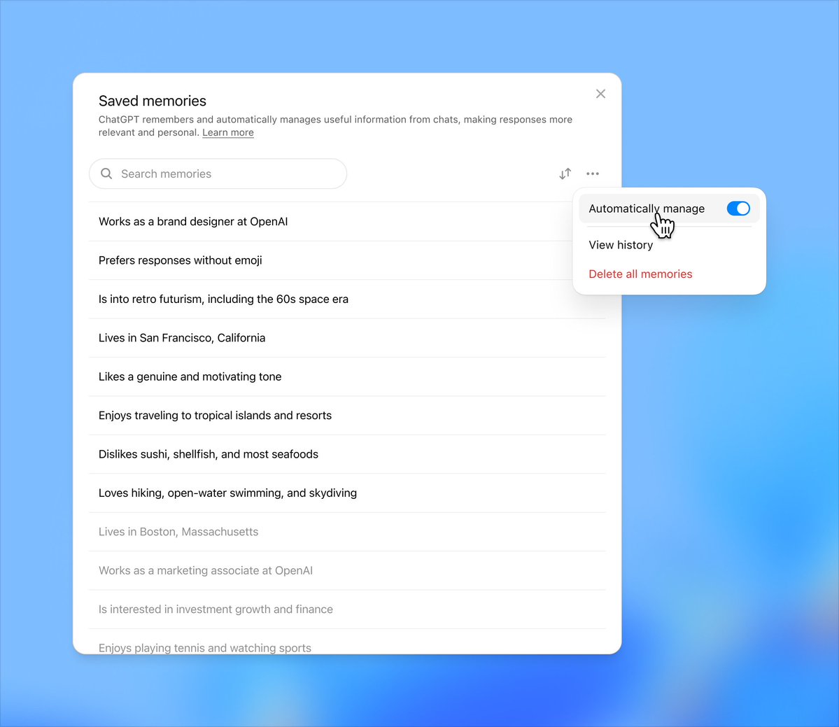 OpenAI's tweet image. ChatGPT can now automatically manage your saved memories—no more “memory full.”
You can also search and sort memories by recency, and choose which to re-prioritize in settings.
Rolling out to Plus and Pro users on the web globally starting today. x.com/ngmarley/statu…