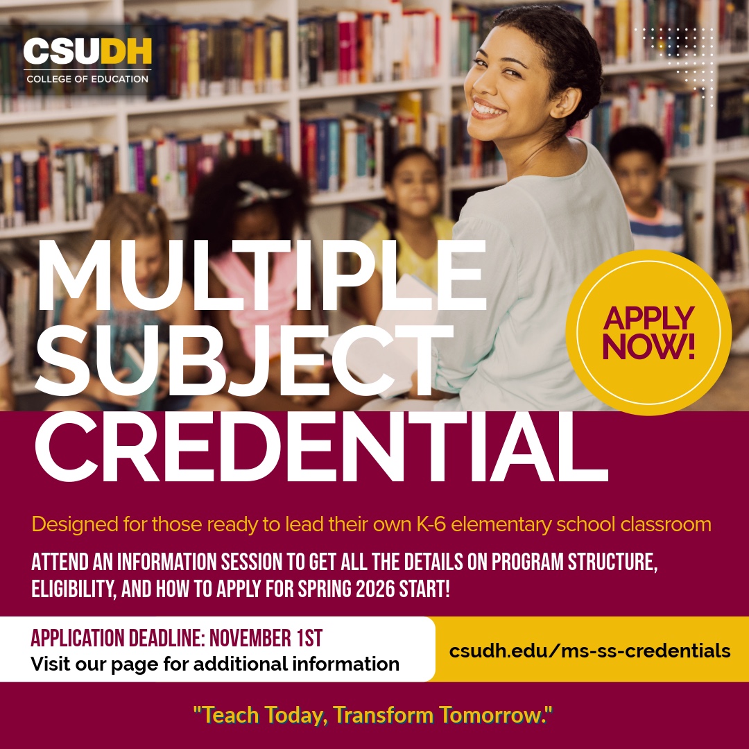 CSUDHEducation's tweet image. Turn your passion for teaching into a profession!
CSU Dominguez Hills offers Multiple & Single Subject Credential Programs to help you inspire minds & lead with confidence.
✅ Affordable
✅ Flexible
✅ Supportive
Apply by Nov 1! 🔗 csudh.edu/coe/info-stude…