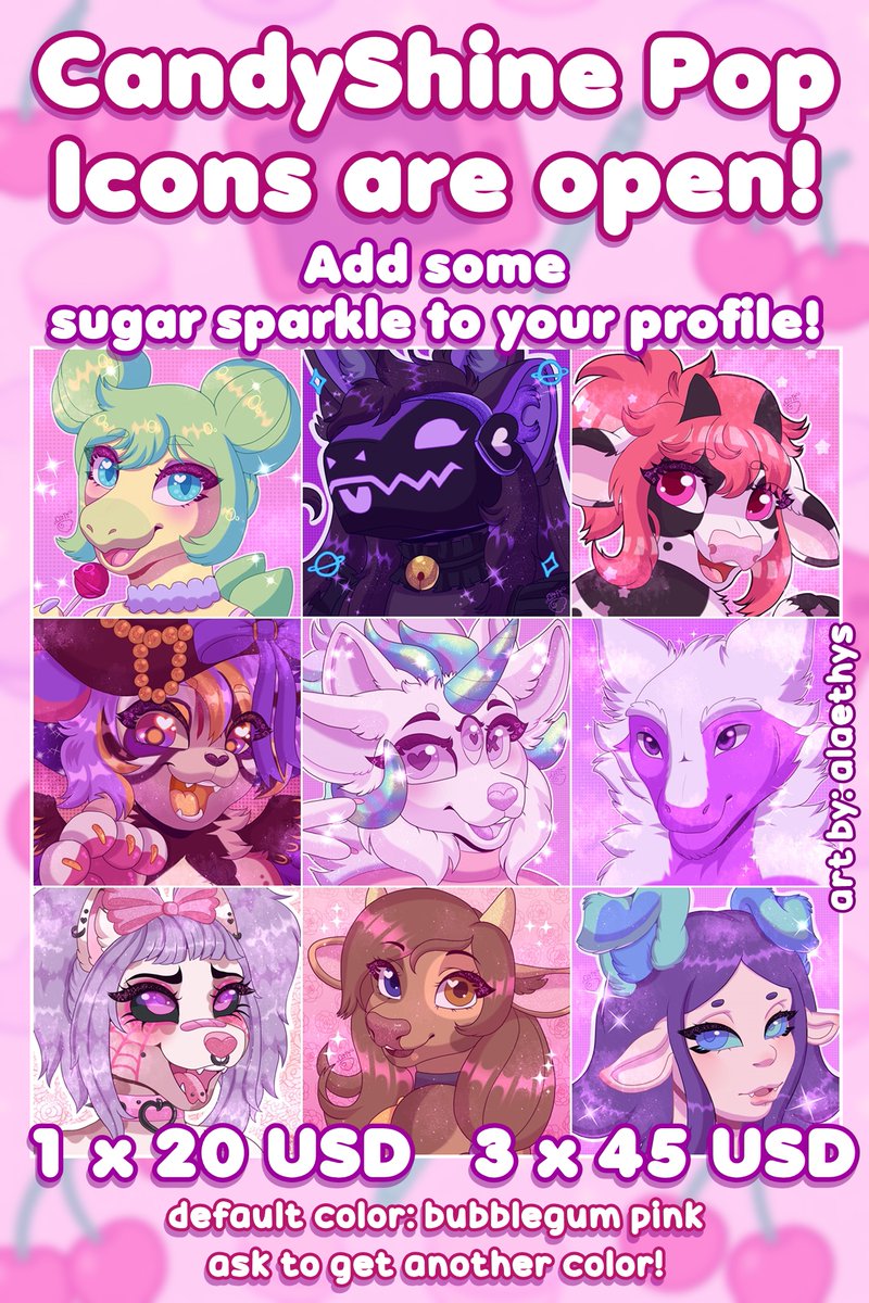 🍬CandyPop Icons are open!🍬

💖 Sweet flat shades, shiny characters, and pure sparkle energy!
Perfect for profile pics! 🥰

🌟 Slots available for October! 
💬DM me to claim yours
Or contact me via Telegram: alaethys
#furryartist #furrygirl  #furryarwork #furry #commissions