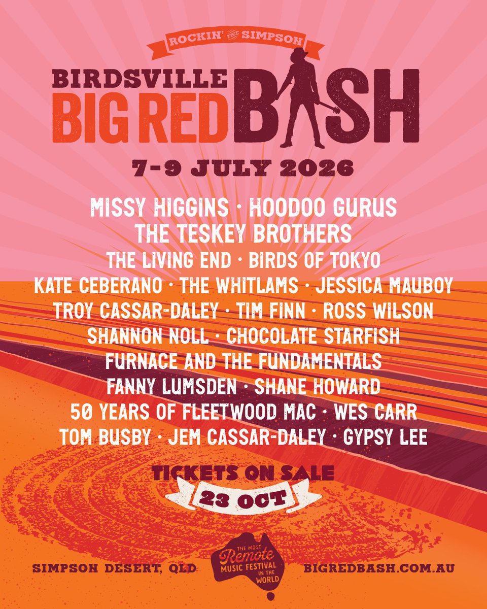 BIRDSOFTOKYO's tweet photo. We’re stoked to be heading to the Birdsville Big Red Bash next year! 

Come and and make some noise with us in the desert over three massive days of music and camping at the world’s most remote music festival 7–9 July 2026.

🎟 Tix on sale 23 October from https://t.co/t9nE0VQWQr https://t.co/L7WBx9Ts5X