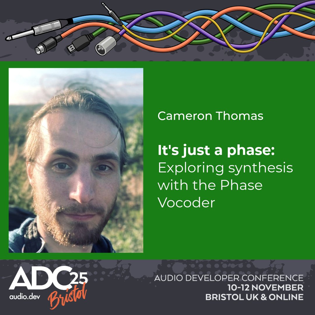 audiodevcon's tweet image. ADC25 Speaker: Cameron Thomas
It’s Just a Phase: Exploring Synthesis With the Phase Vocoder
Stretch, freeze, and morph sound in real time—with the power of the FFT.
👉 conference.audio.dev/session/2025/i…
10-12 Nov Bristol UK & Online
audio.dev/tickets/
#audio #developer #programmer