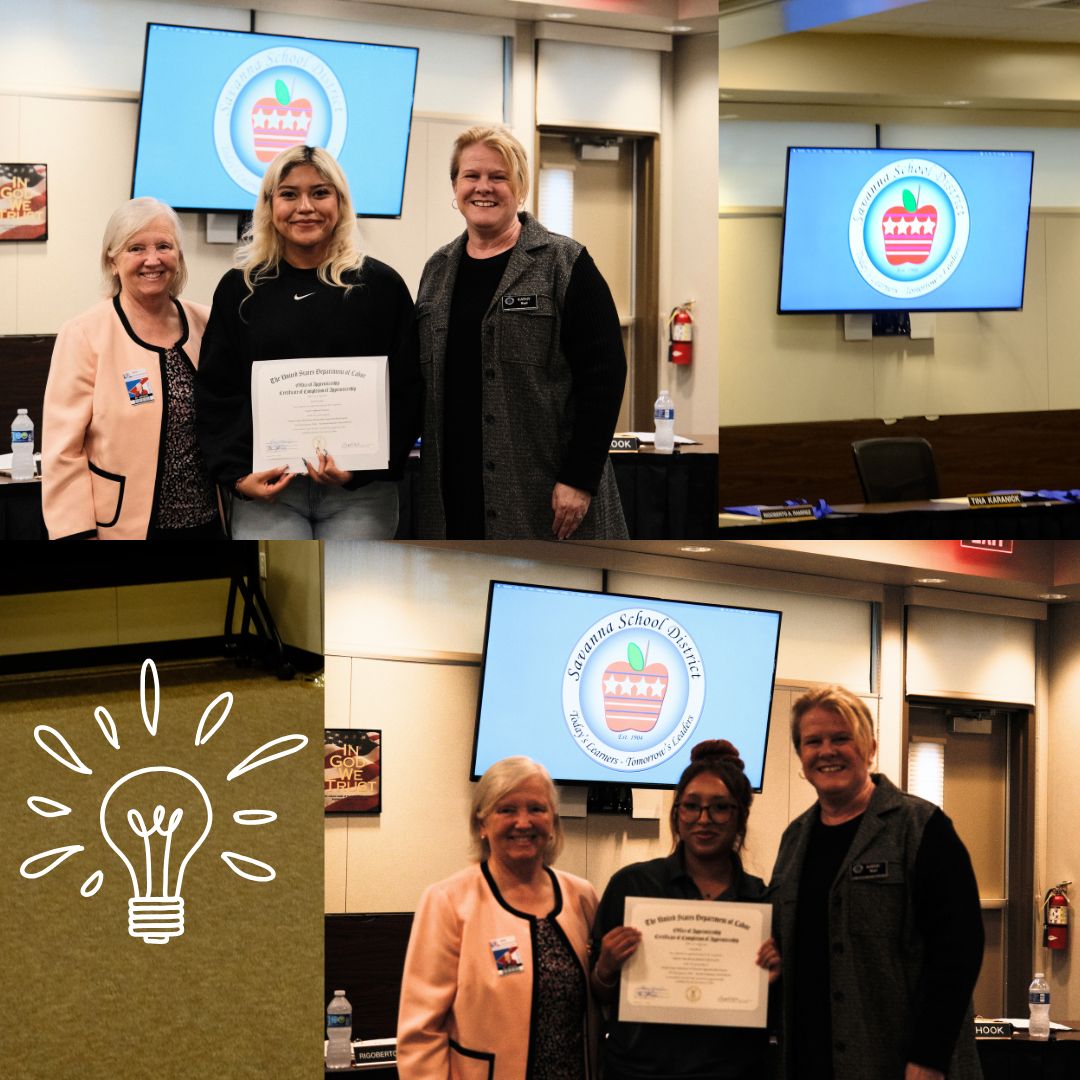A proud moment at Savanna School District! 🎓🙌 Apprentices Leslie and Nayeli were honored by the board for completing their apprenticeship program. It was amazing for our team to be there to celebrate their success! #OCPathways #CTEinOC #YouthApprenticeship