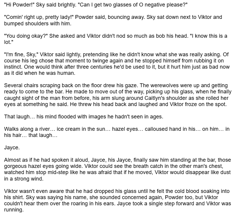GeminiVegeta159's tweet photo. My little piece for #WednesdayWIP : a taste of my Werewolf Jayce/Vampire Viktor former lovers. First time seeing each other in 300 years thinking the other one died centuries ago. #jayvik First time writing them so ehh???? https://t.co/O5LoHTB2zz