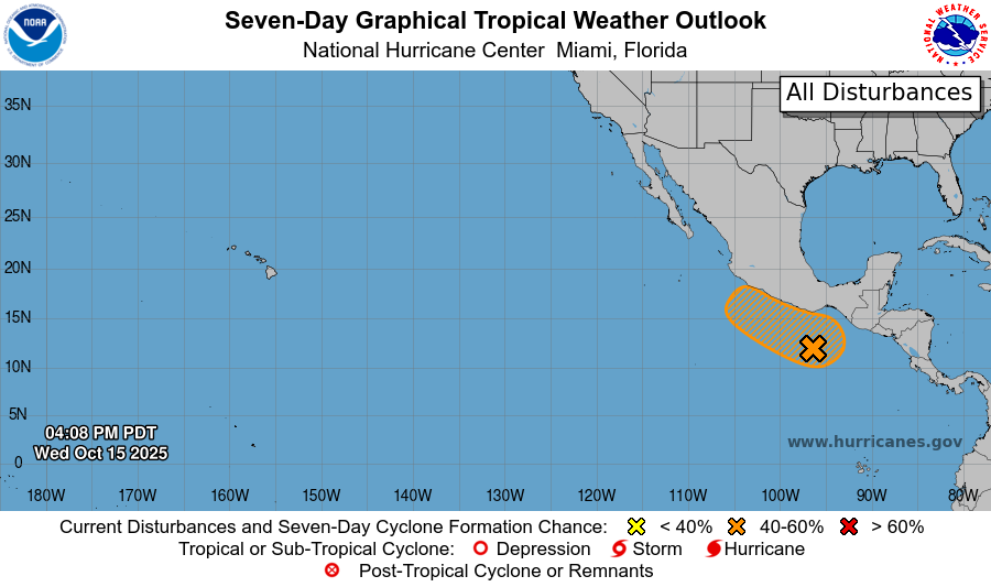 NHC_Pacific's tweet photo. 15 OCT 5PM PDT: There is a medium chance that a tropical depression could form late this week or over the weekend offshore southern or southwestern Mexico. For the latest updates visit https://t.co/Oy8uoeRKme https://t.co/4iN21DZJKZ