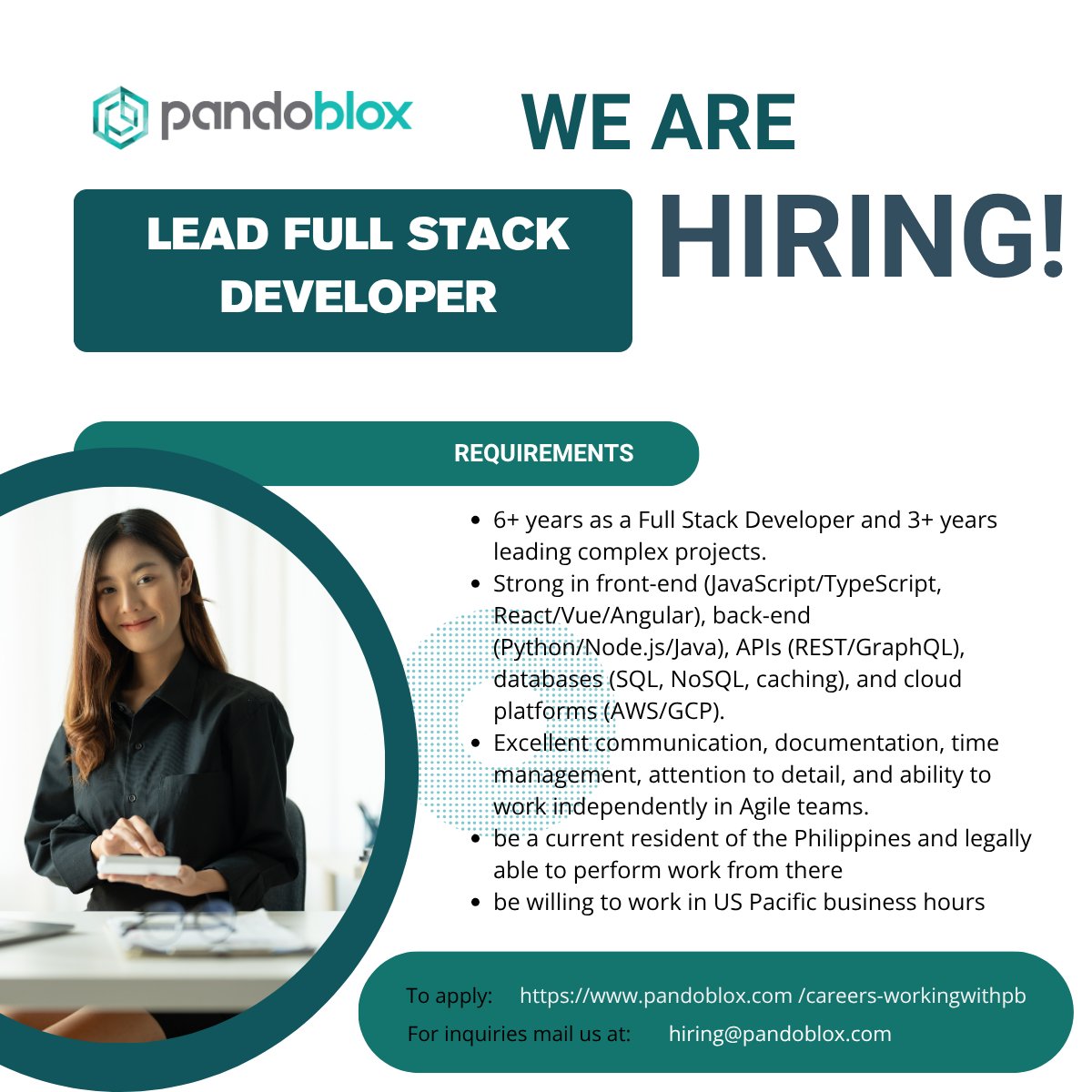 pandoblox's tweet image. Now Hiring: Full Stack Tech Leader!

We are looking for a seasoned Full Stack Developer!

To apply: tinyurl.com/2rtxpwhf
Details: tinyurl.com/46e7sy8a

#pandobloxcareers #FullStackDeveloper #TechJobs #DeveloperJobs #softwareengineering #FullStackEngineer #developerjobsph