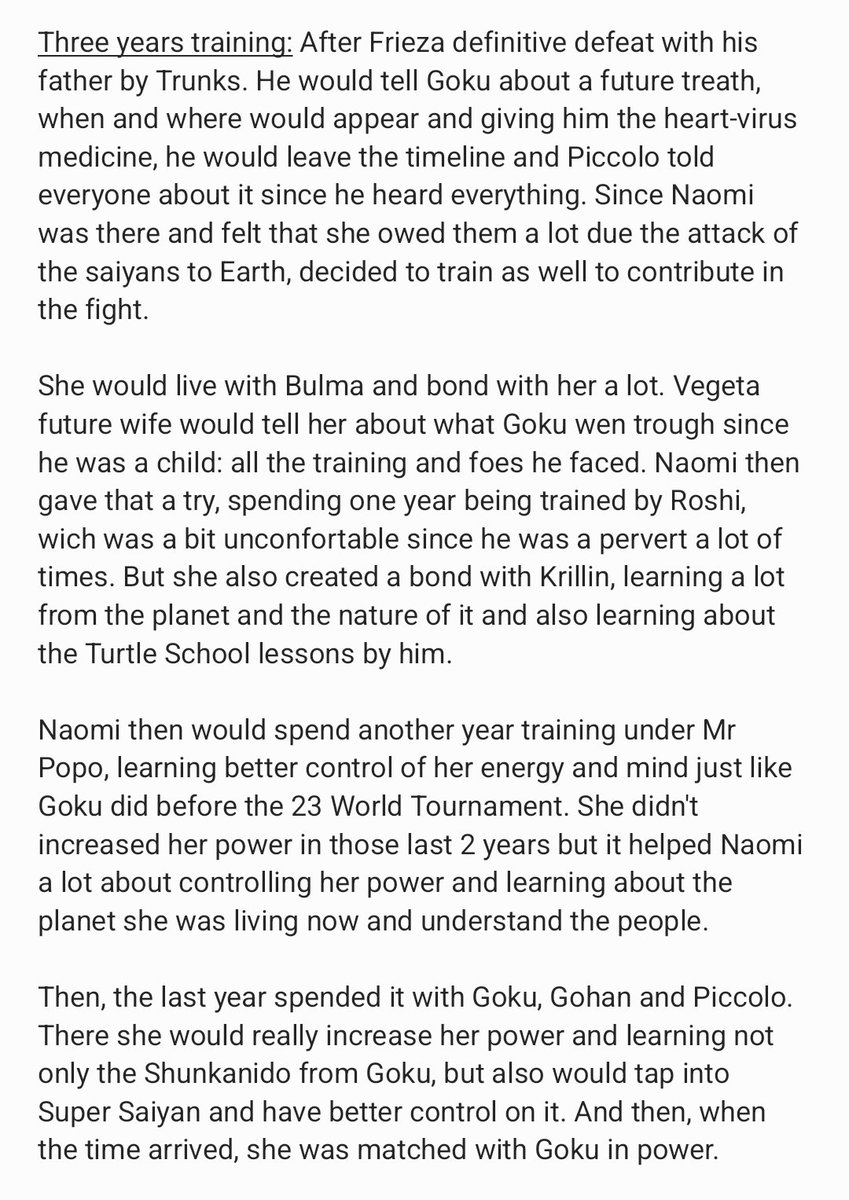 Naomi lore remake (Sorry for my bad english and if there are some typos, english isn't my main language)

Pre DBZ-3 years of training before androids.