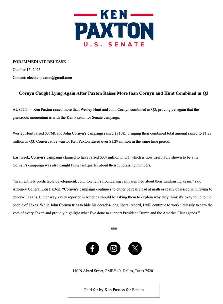🤥BREAKING: Cornyn just got caught lying again after I raised more than him and Hunt combined in Q3. 

After already getting caught lying in Q2, Cornyn’s campaign continues to either be really bad at math or really obsessed with trying to deceive Texans.