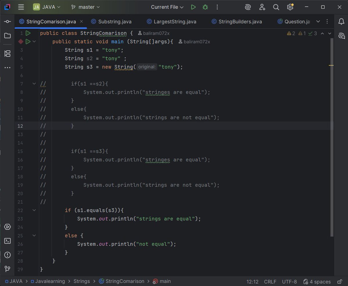baliram_072x's tweet image. ✨ Java learning log:
• StringBuilder
• substring()
• concat & compare
• palindrome problems
Feeling the progress already! 🔥 #100DaysOfCode #JavaLearning #connect