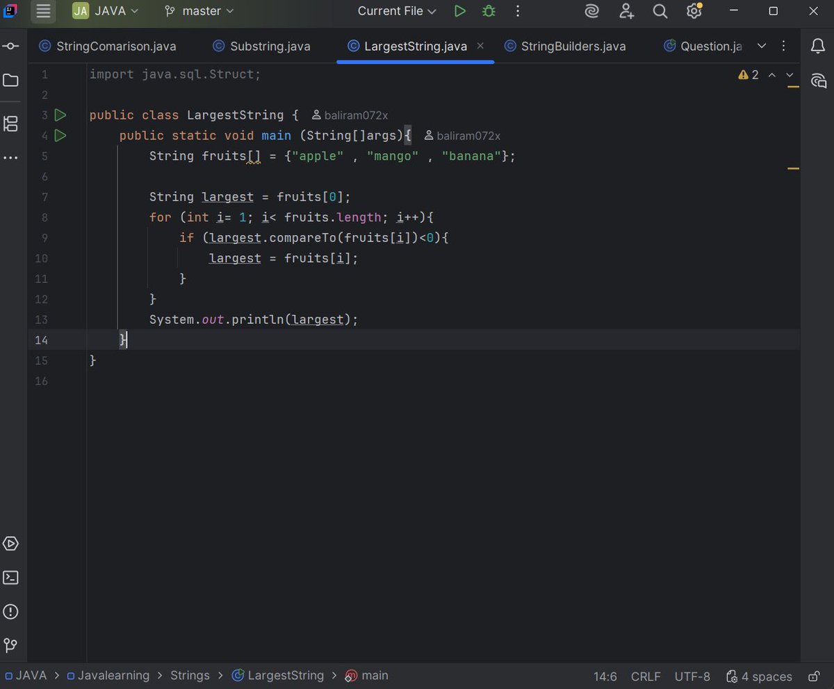 baliram_072x's tweet image. ✨ Java learning log:
• StringBuilder
• substring()
• concat & compare
• palindrome problems
Feeling the progress already! 🔥 #100DaysOfCode #JavaLearning #connect