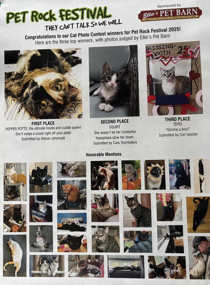 Who won the #PetRockFest2025 Cat Photo Contest? 🐱
🏆 1st: Pepper Potts
🥈 2nd: Squirt
🥉 3rd: Zero
Sponsored by Ellie’s Pet Barn! Prizes include treats, trophies &amp; gift cards. Pepper &amp; Zero — your prizes await!