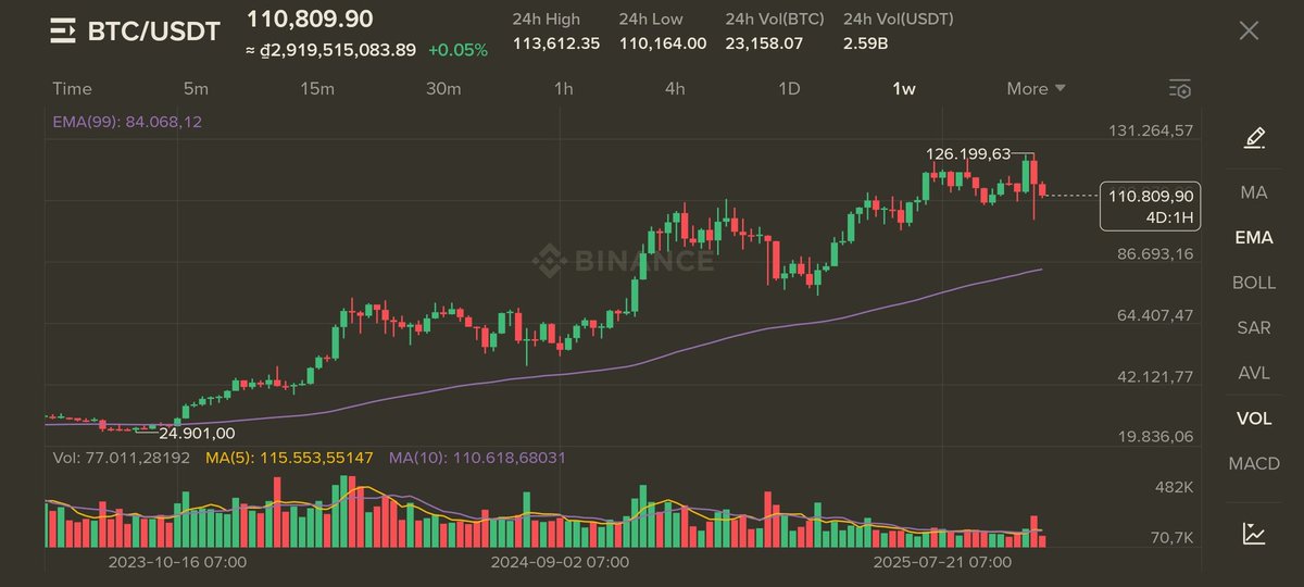 stableVND's tweet photo. @Cointelegraph BTC has failed to rally past the short term highs: $113.5K &amp; &amp;116K and is retesting the $110K support level for the past several hours. 
A new flash crash could send BTC back to the $80K zone. https://t.co/nMT3mNEr4P