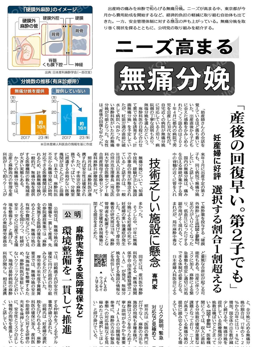 SUMIYA_Shinobu's tweet image. 無痛分娩を選ぶ人が増えています
出産の安全と安心の両立へ
公明党が後押し
#無痛分娩 #出産の安心  #女性の健康 

ニーズ高まる無痛分娩 #公明新聞電子版 2025年10月16日付 komei.or.jp/newspaper-app/
