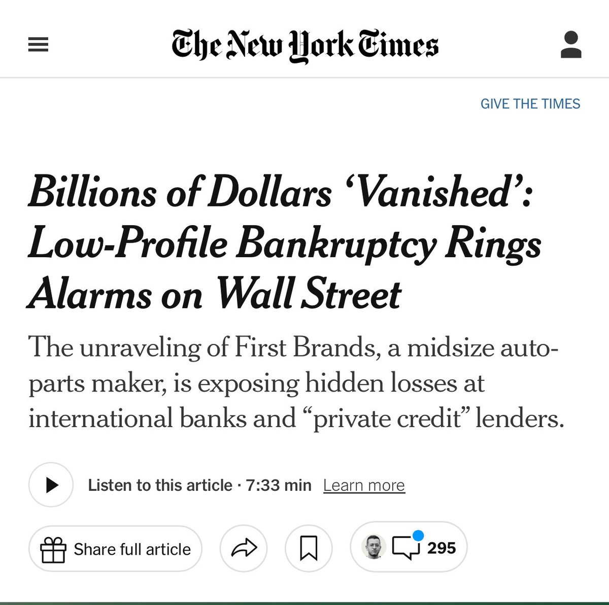 "Billions of Dollars ‘Vanished’: Low-Profile Bankruptcy Rings Alarms on Wall Street"

First Brands Fallout 

"... one hint in its bankruptcy filing is that the credit arms of Ford Motor and General Motors are among the companies it owes money...

Dozens of private credit lenders