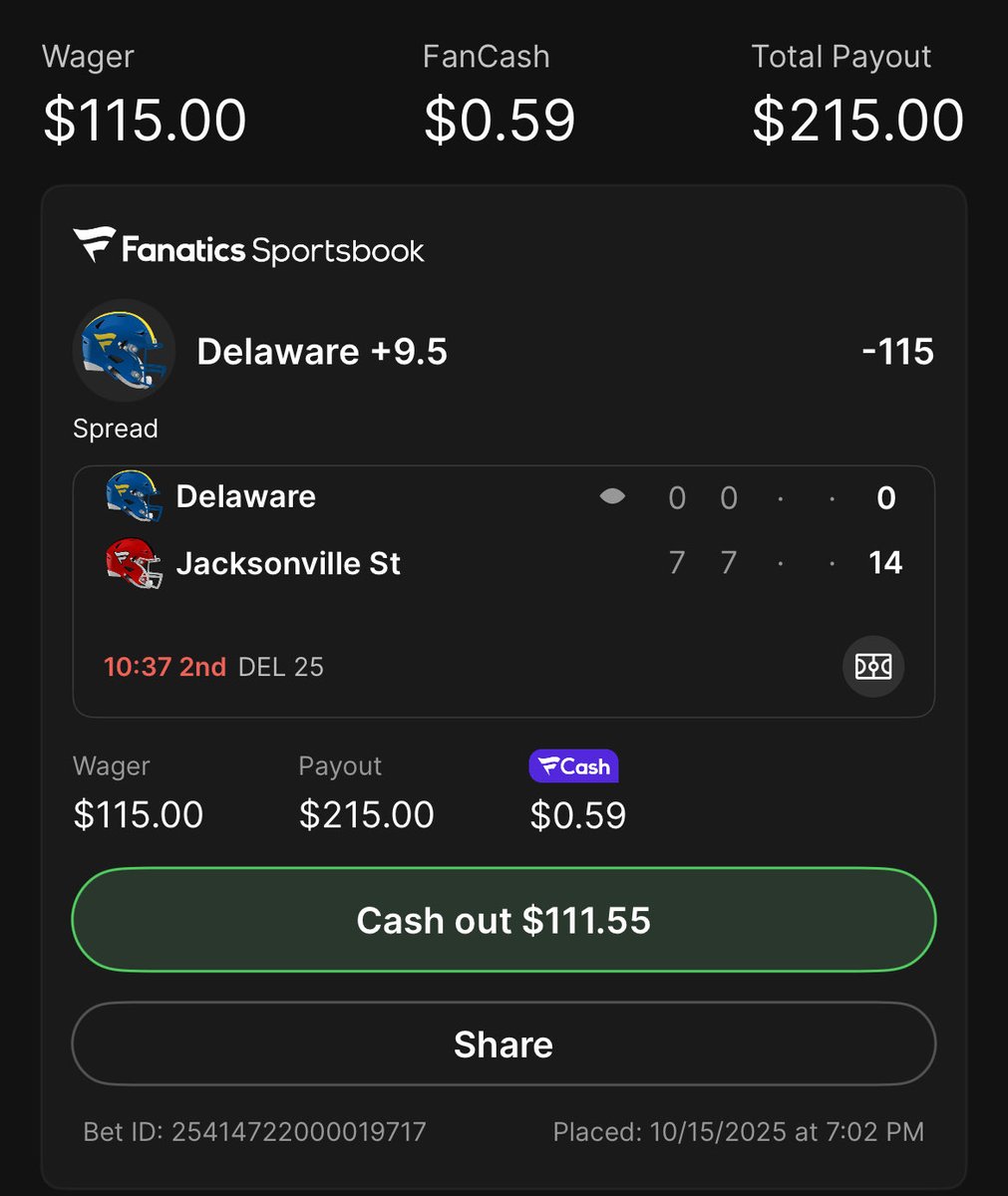 braydenhenry_'s tweet image. CFB LIVE PLAY

1u | Delaware +9.5 -115 (Fanatics) 

Surely these guys will come back and this won’t be a rat shit wager

❤️ if you’re tailing