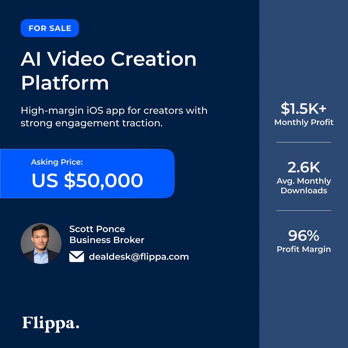 Flippa's tweet image. 🤖 𝐅𝐨𝐫 𝐒𝐚𝐥𝐞: $𝟓𝟎𝐊 — 𝐀𝐈 𝐢𝐎𝐒 𝐀𝐩𝐩
📱 2.6K monthly downloads | $1.6K revenue | 96% margins
🔥 Subscription model + viral growth potential
👉 flippa.com/12079571?buy_s…

#AIApp #AppForSale #DigitalBusiness