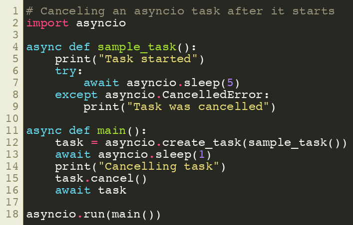 SuperFastPython's tweet image. Canceling an asyncio task after it starts
#Python #Concurrency