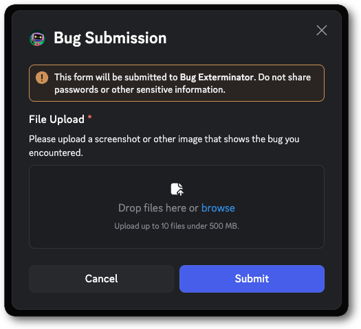 advaithj1's tweet image. I've added a new component to modals: file uploads! your bot can now finally ask users to upload files right in a modal, along with other components, streamlining upload flows. a file upload component can accept only one file or multiple (up to 10), and supports all file types.