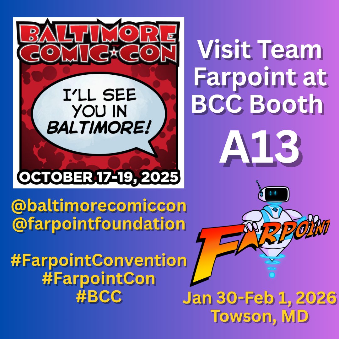 Who will we see at <a href="/baltimorecomics/">Baltimore Comic-Con</a> this weekend? Stop by &amp; visit us to pick up some swag, catch the latest news, &amp; visit with #teamfarpoint &amp; our friends from <a href="/SBTransmissions/">Starlight Beacon Transmissions|Mighty Nein Era</a>. #farpointconvention #farpointcon #farpointfoundation #baltimorecomiccon #BCC #supportlocalconventions