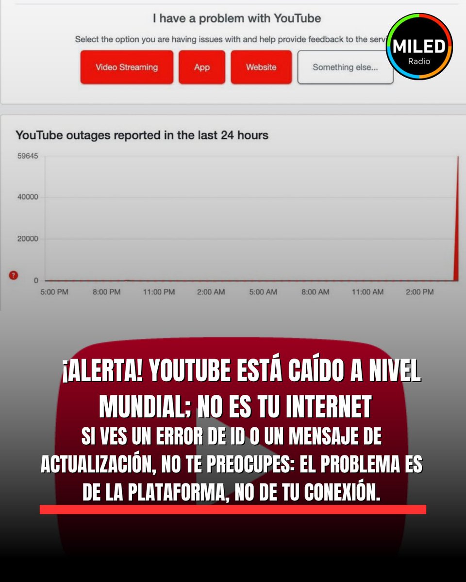 noticiasmiled's tweet image. 🚨 ¡ALERTA! YouTube está caído a nivel mundial; no es tu internet ❌🌐

Si ves un error de ID o un mensaje de actualización, no te preocupes: el problema es de la plataforma, no de tu conexión.

La caída de YouTube se registra a nivel global. ¡A tener paciencia!

#YouTube #Caída…