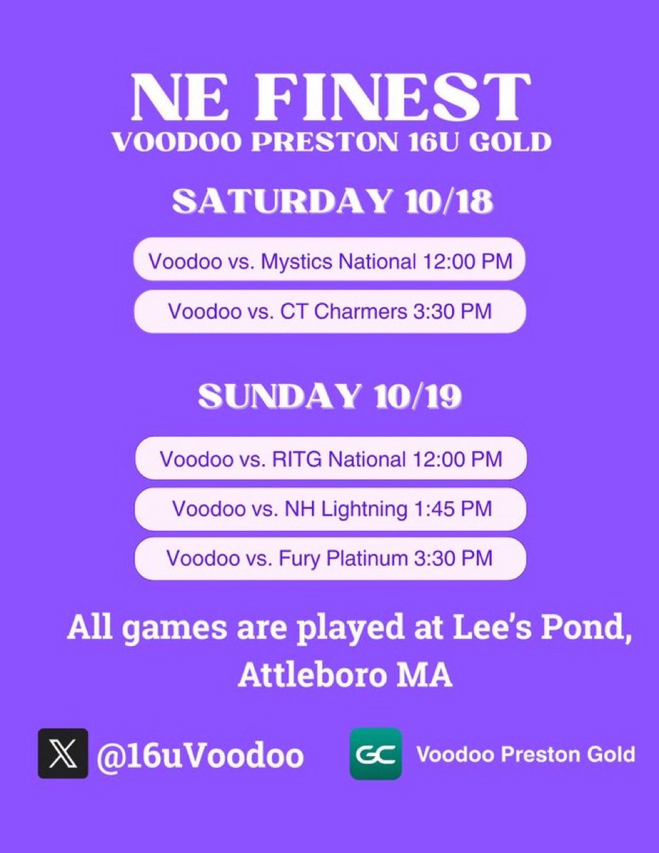 Leah Hamelin (@leahhamelin2027) on Twitter photo Come watch my team this weekend at the NE FINEST showcase!
<a href="/16uVoodoo/">Voodoo Preston Gold</a> <a href="/VoodooSBRecruit/">Voodoo_SB College Recruiting</a> <a href="/GordonSOFT/">GordonSoftball</a> <a href="/RWU_Softball/">RWU Softball</a> <a href="/UNESports/">UNE Athletics</a> <a href="/RhodySoftball/">Rhode Island Softball</a> Come watch my team this weekend at the NE FINEST showcase!
<a href="/16uVoodoo/">Voodoo Preston Gold</a> <a href="/VoodooSBRecruit/">Voodoo_SB College Recruiting</a> <a href="/GordonSOFT/">GordonSoftball</a> <a href="/RWU_Softball/">RWU Softball</a> <a href="/UNESports/">UNE Athletics</a> <a href="/RhodySoftball/">Rhode Island Softball</a>