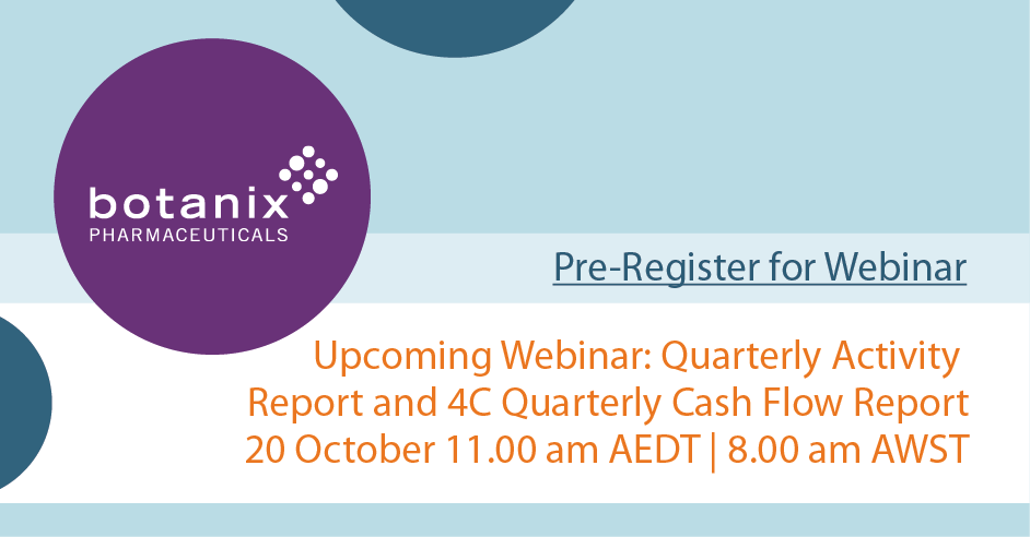 REGISTER NOW | Join company executives for our Quarterly Activity and 4C Quarterly Cash Flow Webinar, Monday 20 October at 11.00 am AEDT / 8.00 am AWST for an important update. Pre-register:  bit.ly/4nNbYf7 $BOT #dermatology #pharma #biotech #innovation #hyperhidrosis