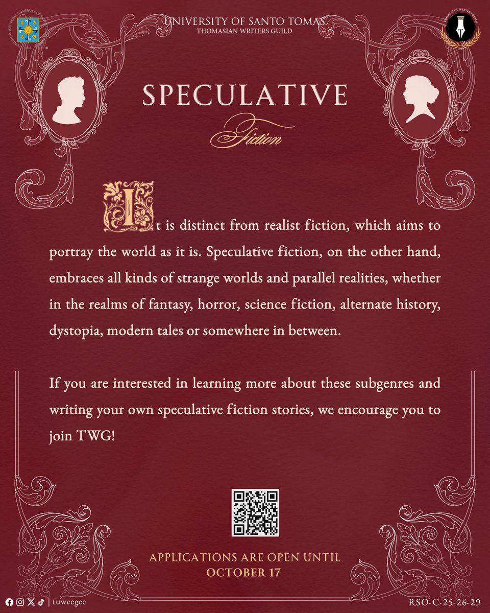 tuweegee's tweet photo. IT’S SPECULATIVE FICTION FOR THIS SEASON ✨

The guild would like to proudly present SPECULATIVE FICTION as this academic year’s specialization genre! Contrary to realist fiction that portrays the world as it is, this subgenre of fiction delves into understanding https://t.co/5doz4cThyf