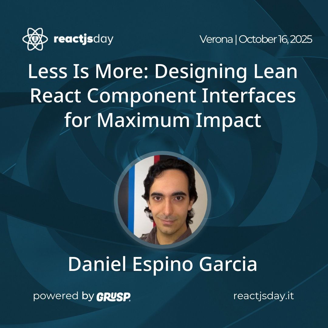 Mattermost's tweet image. If you're at reactjsday 2025, the Italian React Conference, today, don't miss the session "Less is More: Designing Lean React Component Interfaces for Maximum Impact.”
reactjsday.it
#FrontendEngineering #DeveloperExperience