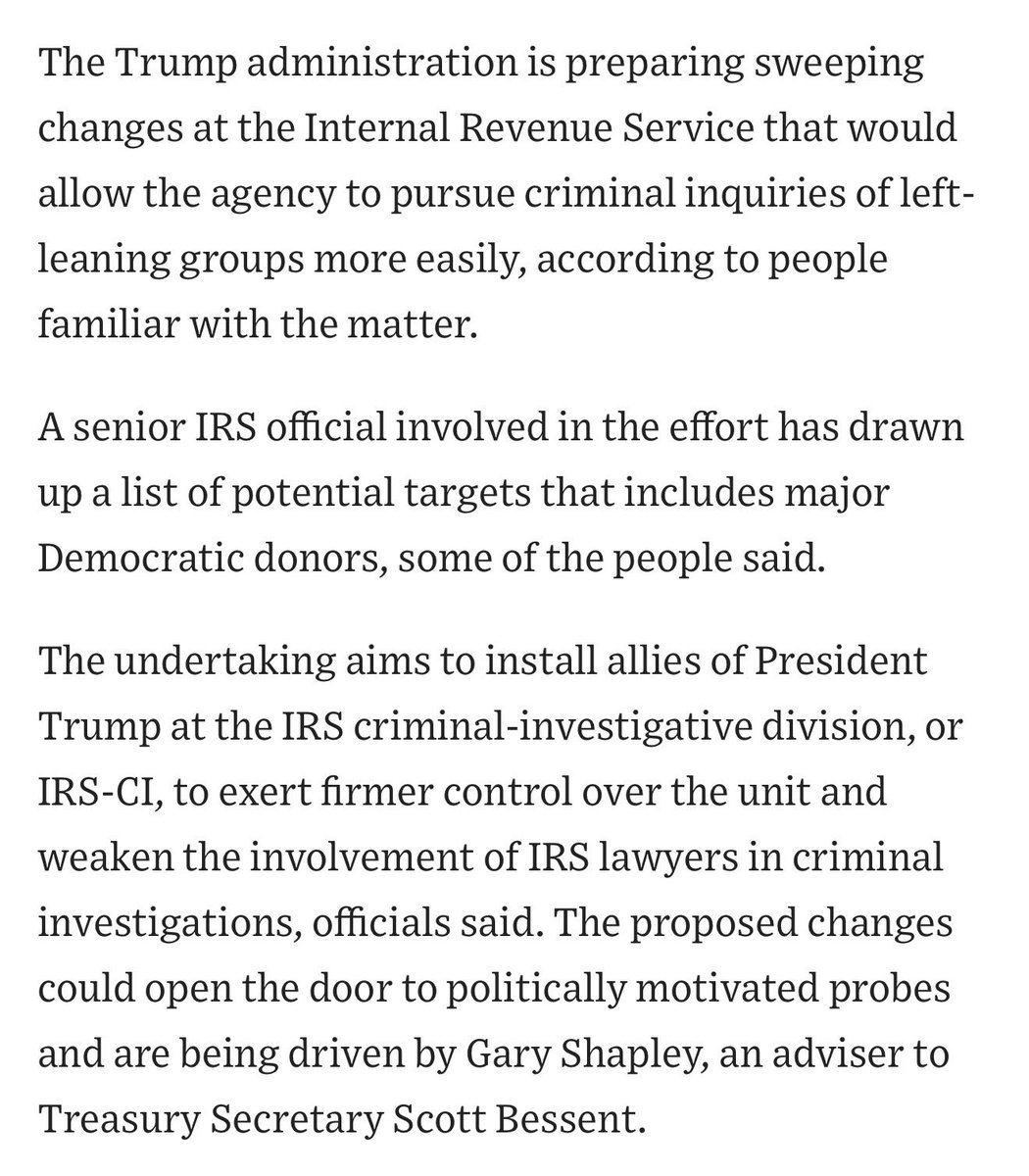 yashar's tweet image. BREAKING via WSJ
The Trump administration is planning sweeping changes in criminal division at the IRS.
Full Story: on.wsj.com/3LbVFtK