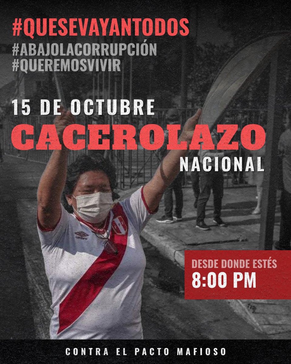 CarlosCornejoA's tweet image. Los que no pudimos estar en la marcha estamos en el cacerolazo. Hoy a las 8:00 pm. #PasaLaVoz #QueSeVayanTodos