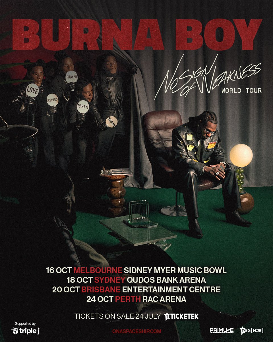BURNA BOY’S AUSTRALIAN TOUR 2025. 🇦🇺

MELBOURNE — 25,000 CAPACITY SIDNEY MYER MUSIC BOWL. 🏟️
SYDNEY — 21,000 CAPACITY QUDOS BANK ARENA.
BRISBANE — 13,500 CAPACITY ENTERTAINMENT CENTRE. 🏟️
PERTH — 15,500 CAPACITY RAC ARENA. 🏟️

FIRST AFRICAN ARTIST TO HEADLINE ALL THE VENUES! 🦍