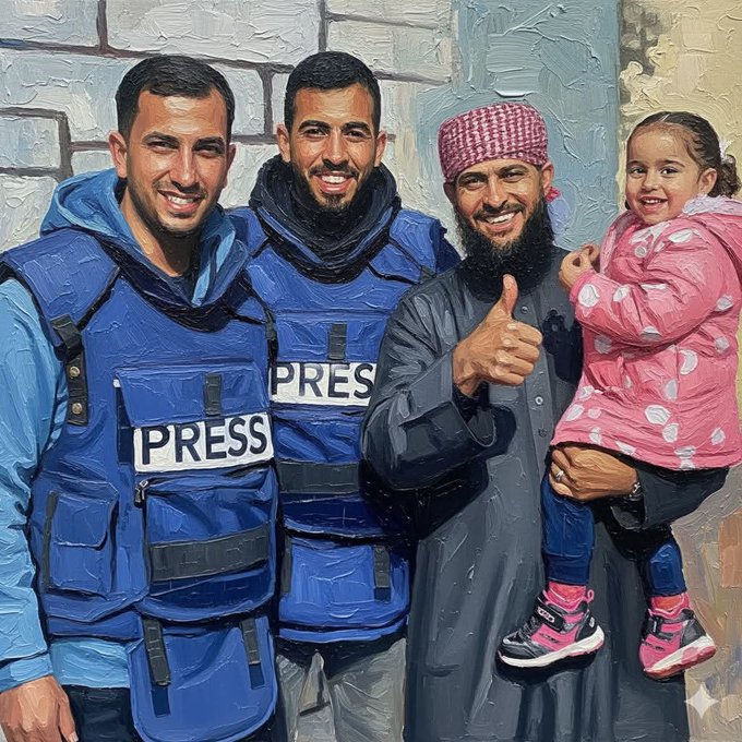 Three men in blue PRESS-labeled vests stand against a beige wall, one with a red and white keffiyeh around his neck smiling and giving a thumbs-up while holding a young girl in a pink hooded jacket with pink shoes. The other two men, one with a beard wearing a dark robe, smile beside them. The girl smiles and wears a blue outfit underneath.